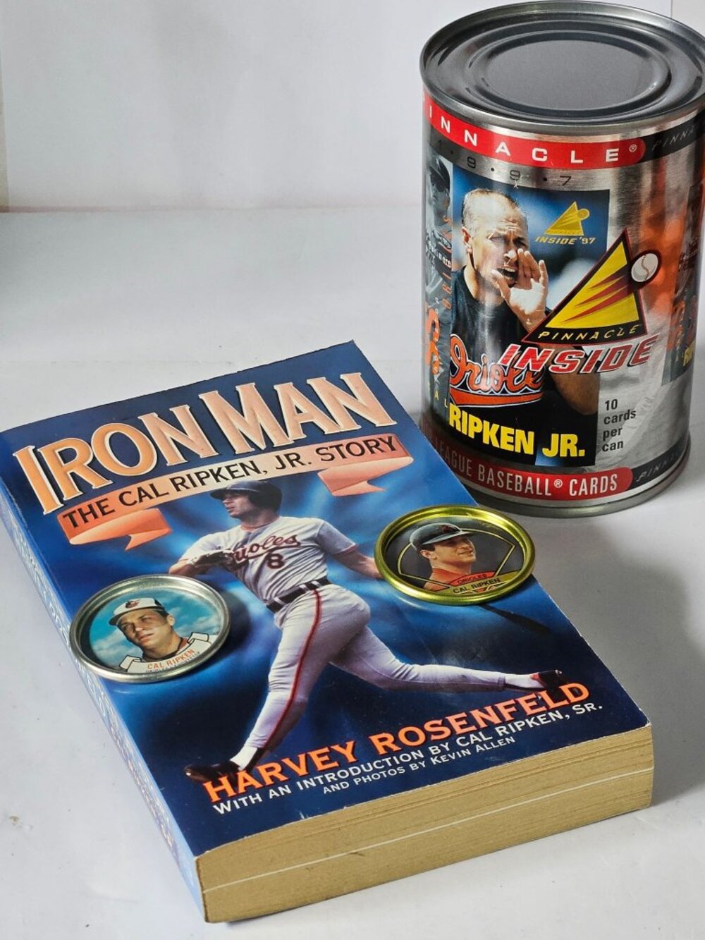 Pinnacle Inside 97 Cal Ripken JR Baseball Card Can , Iron Man Book & 2 Coins